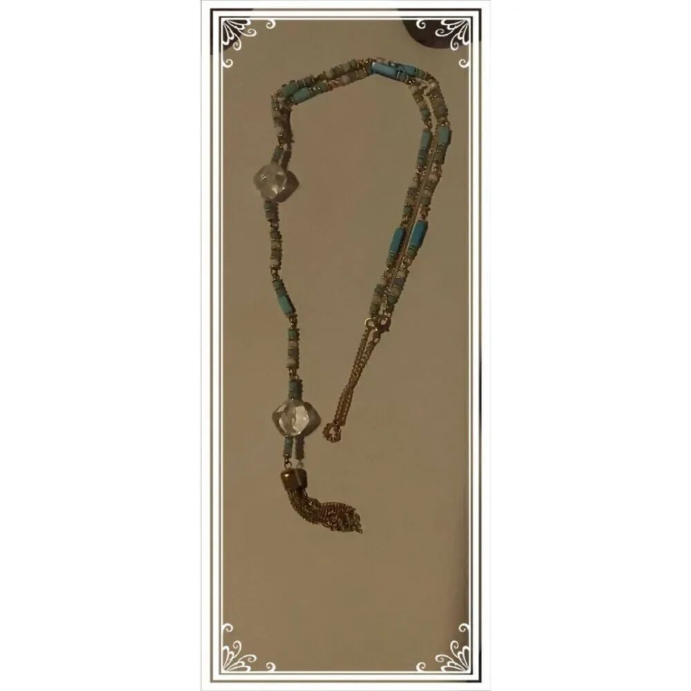 Navajo Pearl~Turquoìse~Clear & Goldtone Beads Tassel Bottom Long Y Necklace
